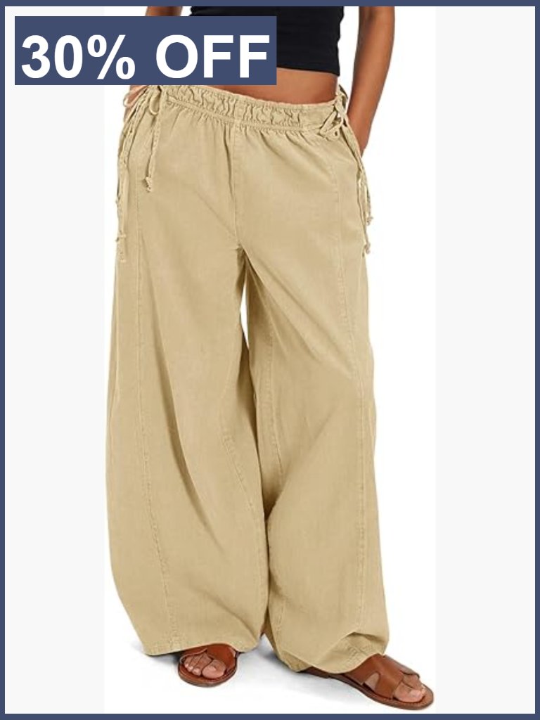 Wide Leg Casual Pants With Pockets Drawstring Elastic Waist Loose Cotton